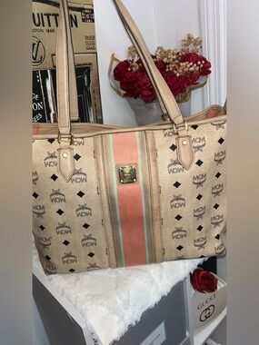 MCM Beige Canvas Tote with Coral and Mint Center Stripe